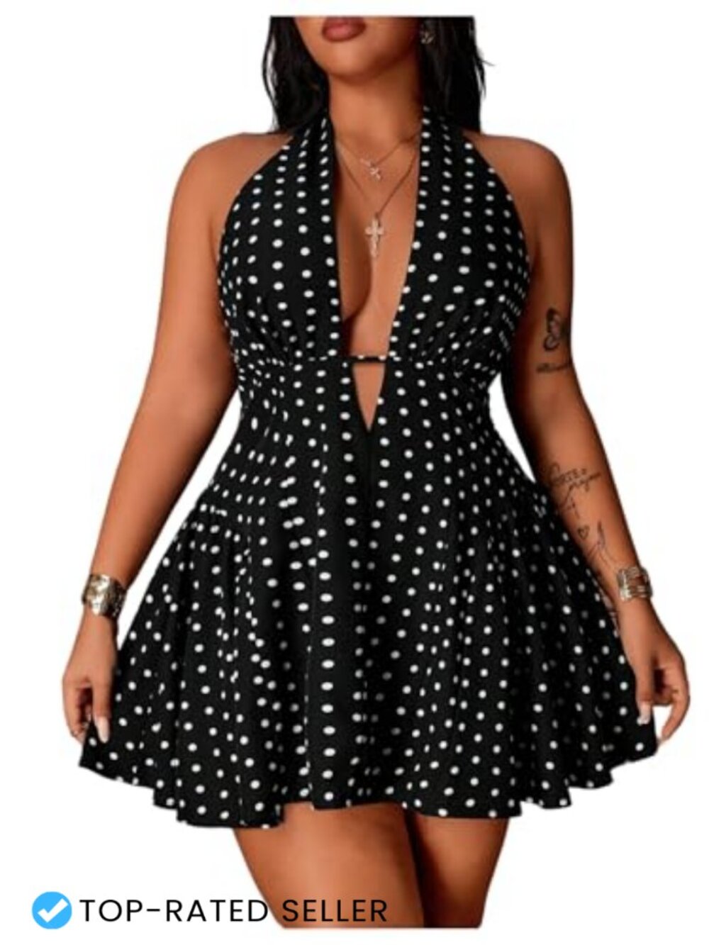 Plus Size Polka Dots Halter Mini Dress Ruffle A-Line Going Out